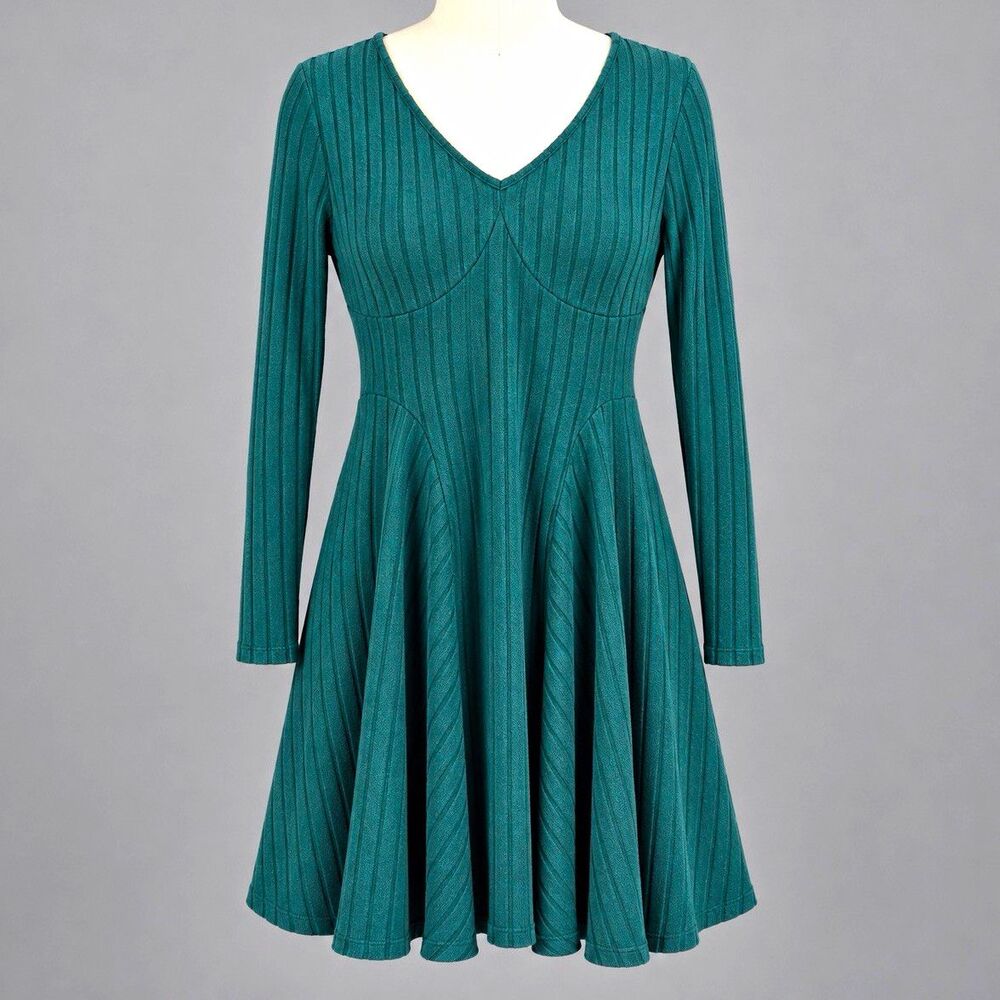 NWT Halara Ribbed Knit V-Neck Long Sleeve Flare Mini Casual Dress L Green A-Line